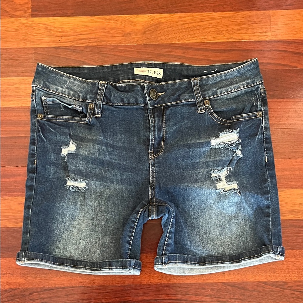 Womens 31 Guess Stretch long blue jean shorts